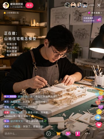 生成一个真实的建筑师制作比例模型的直播界面，包含可自定义的聊天消息和任务浮层。