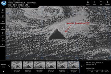 生成一个逼真的卫星图像网页界面，包含神秘的几何异常、时间轴缩略图和 UI 控件。