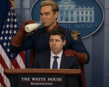 一张超写实的讽刺图片，描绘了一位超级英雄在白宫新闻发布会上威慑一位科技公司 CEO 的场景。