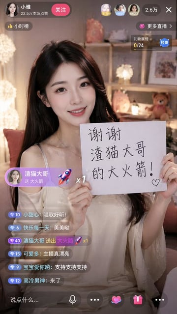 生成逼真的移动端直播界面，包含可自定义的主播形象、个性化感谢标语，以及完整的聊天和 UI 覆盖层。