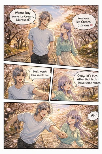 生成一套四格动漫风格的漫画，描绘一对情侣在风景优美的地方边走边聊，非常适合短篇叙事。