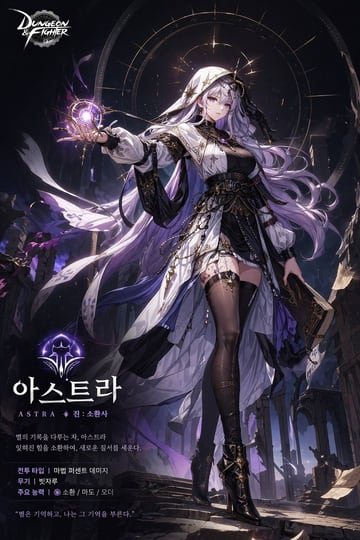 生成一张动漫风格的游戏角色宣传海报，包含全身插画、背景元素以及用于展示属性和背景故事的叠加排版。