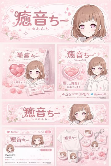 生成包含动漫角色的综合品牌设计项目，涵盖产品包装、社交媒体样机和周边商品布局。