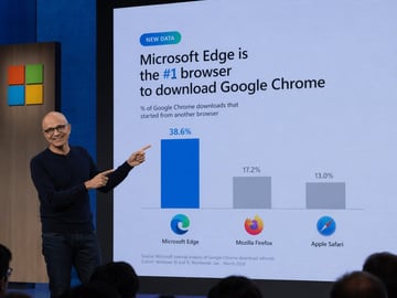 生成一张科技高管在主题演讲中展示幽默或定制化数据 Slides 的写实照片。
