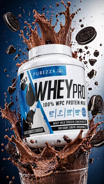 This prompt generates a dramatic premium supplement product advertisement with a floating whey tub, chocolate splash, and flying cookies for ecommerce or fitness brand web assets.