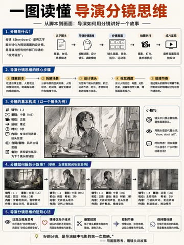 生成一份关于分镜制作的 5 部分综合教育信息图，包含流程图、参数列表以及一个 4 帧连续漫画示例。