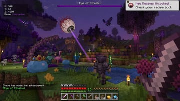 生成一张第一人称视角的方块体素游戏截图，包含 Boss 战、自定义怪物以及详细的平视显示器（HUD）。