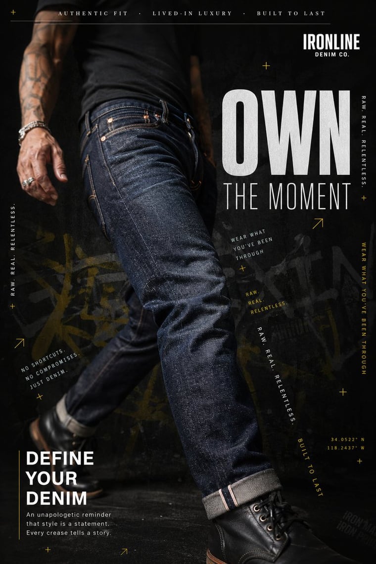 A hyperrealistic premium denim advertisement shot in a dark, moody editorial style. A male figure wearing raw selvedge denim jeans is captured mid-stride against a near-black charcoal bac...