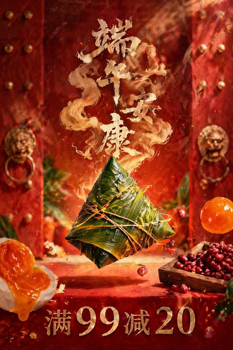 A highly detailed, photorealistic commercial poster. In the center, 1 large Zongzi (sticky rice dumpling wrapped in glossy green bamboo leaves and tied securely with twine) floating magic...