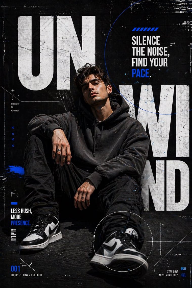 Create a high-contrast urban streetwear poster featuring a young man sitting casually on the ground against a dark textured background. The subject wears a charcoal oversized hoodie, blac...