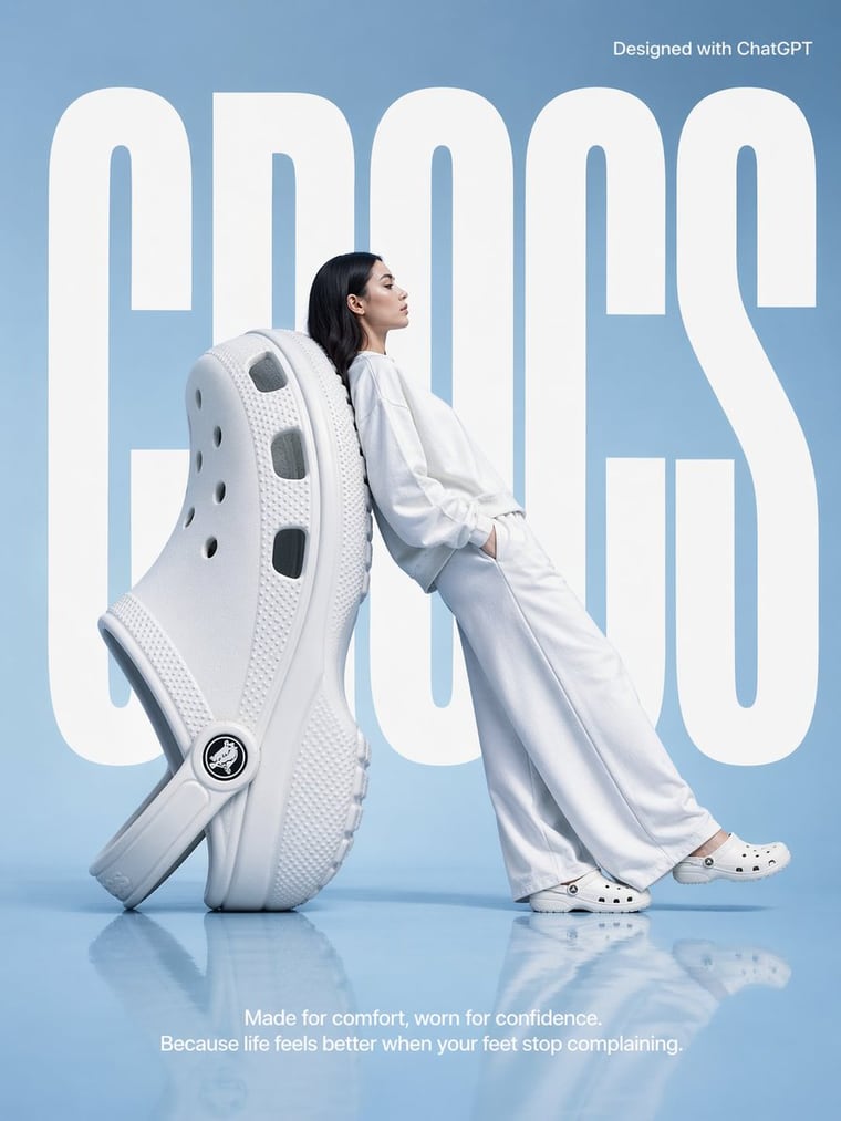 A high-fashion surrealist advertising poster for Crocs. The scene is set in a minimalist, monochrome light blue studio with a semi-reflective floor. The central focus is an oversized, gia...