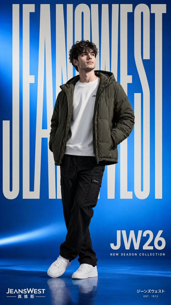 Create a premium streetwear fashion campaign poster inspired by modern Asian apparel advertising. Full body portrait of a stylish young male model standing confidently with legs crossed a...