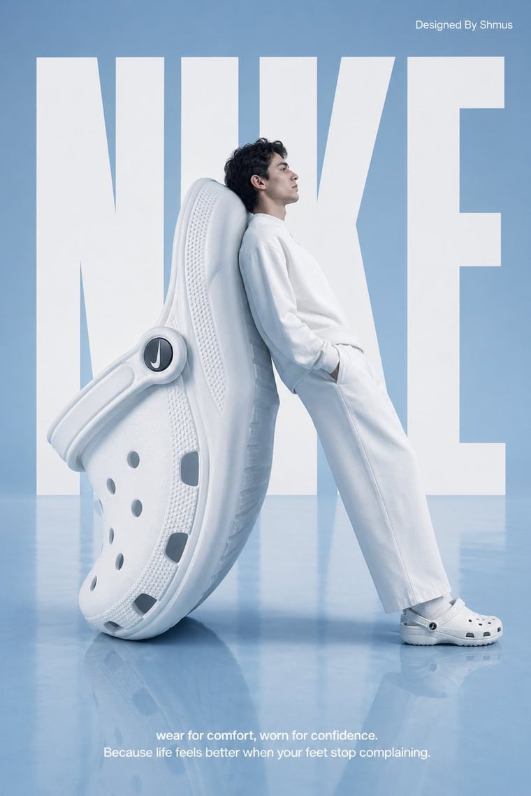A high-fashion surrealist advertising poster for Nike. The scene is set in a minimalist, monochrome light blue studio with a semi-reflective floor. The central focus is an oversized, gian...