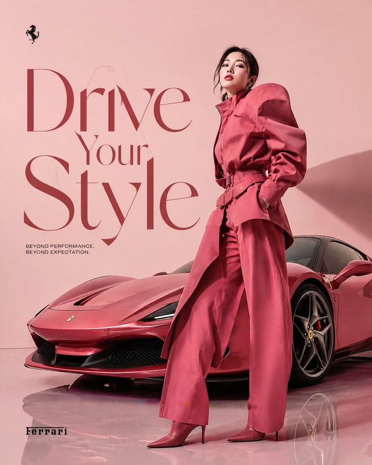 Create a high-fashioned editorial advertisement featuring a Korean female model. The model should be striking a dynamic pose that exudes confidence and elegance, while wearing an avant-ga...