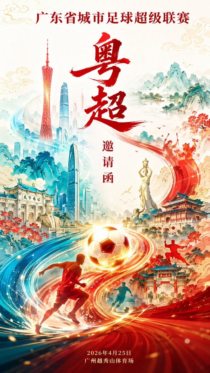 一份用于高端体育联赛邀请函海报的详细提示词，融合了现代国潮风格、动态能量流以及城市地标元素。