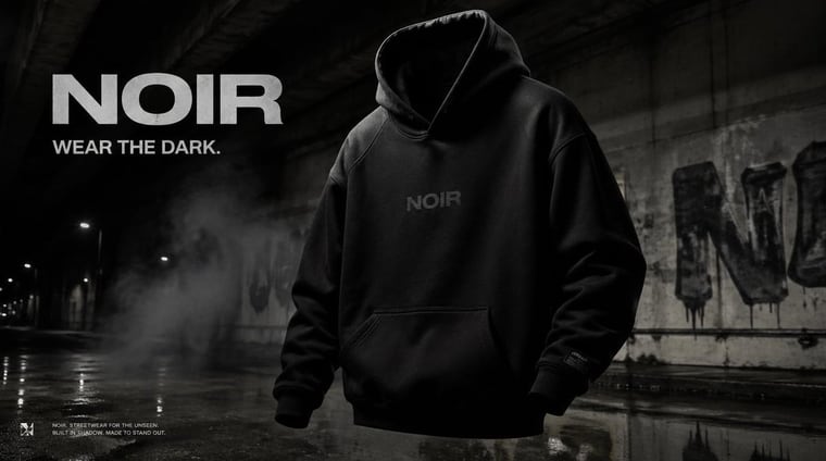 Create a premium, highly realistic 1:1 campaign poster for NOIR, a modern streetwear brand. Show one hero oversized hoodie as the main focus against a gritty urban backdrop with wet concr...