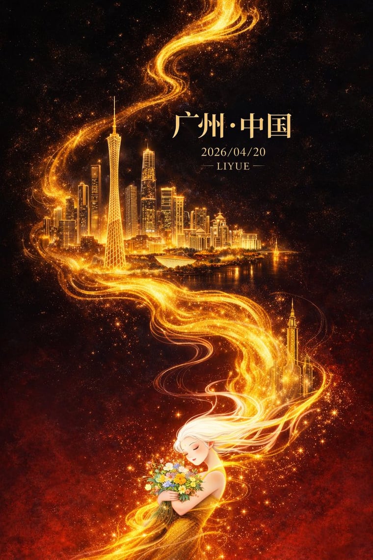 A high-end city poster prompt for GPT-Image-2 featuring oriental fantasy elements, golden energy flows, and architectural landmarks like the Canton Tower.