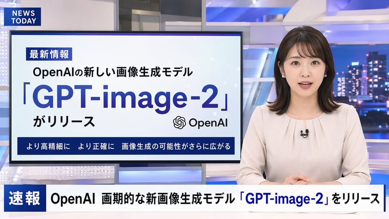 A photorealistic television news broadcast scene featuring a young Japanese female with shoulder-length dark hair wearing a light beige blouse and a small black lapel microphone, sitting...