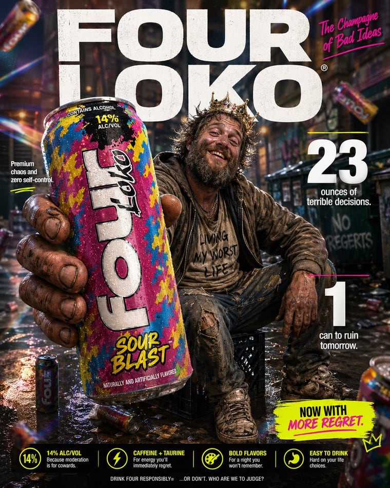 High-impact parody e-commerce infographic for “Four Loko” malt beverage. Foreground: An extreme close-up of a rough, weathered hand holding a tall, brightly colored can of Four Loko towar...