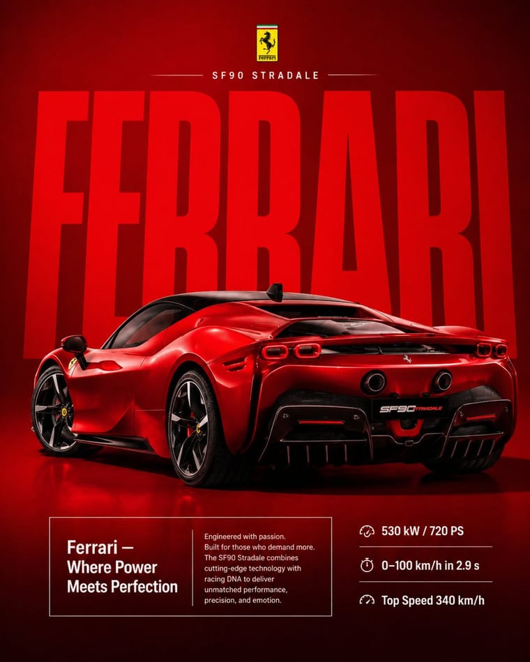 A high-end automotive marketing prompt for creating a professional car poster with dramatic lighting and luxury branding elements.