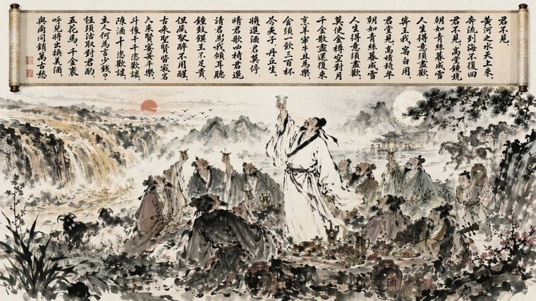 A highly detailed traditional Chinese ink wash painting of an outdoor banquet. Across the top, an unrolled scroll displays Chinese calligraphy reading 君不見，黃河之水天上來. Below, a landscape feat...