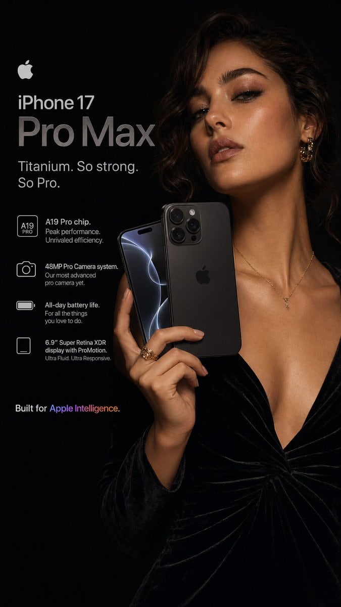 A hyperrealistic Apple iPhone 17 Pro Max advertisement shot in a dark, moody editorial style. A young stylish woman with a warm complexion and soft upswept brunette hair, wearing a dusty...
