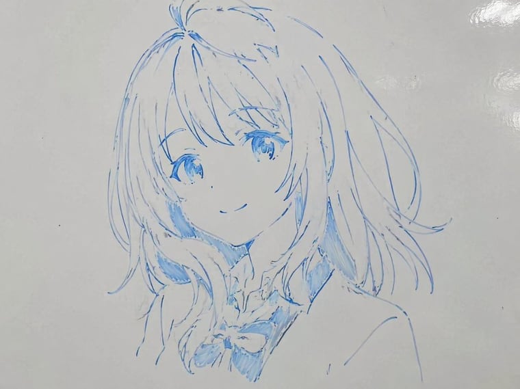 A close-up portrait of an anime girl with shoulder-length wavy hair and a gentle smile, wearing a school uniform with a bow tie. The image is a hand-drawn sketch on a glossy white whitebo...