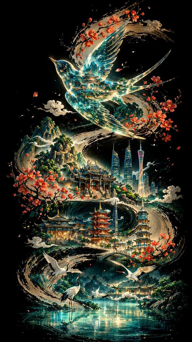 一个精致的提示词，用于创作融合中国传统书法与现代建筑元素的艺术城市海报，包含透明鸟类图案及细腻的城市地标细节。