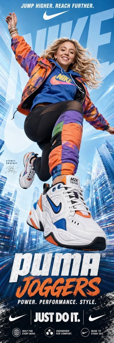 A prompt designed to generate energetic commercial posters featuring specific celebrities and products with a motion-blur aesthetic.