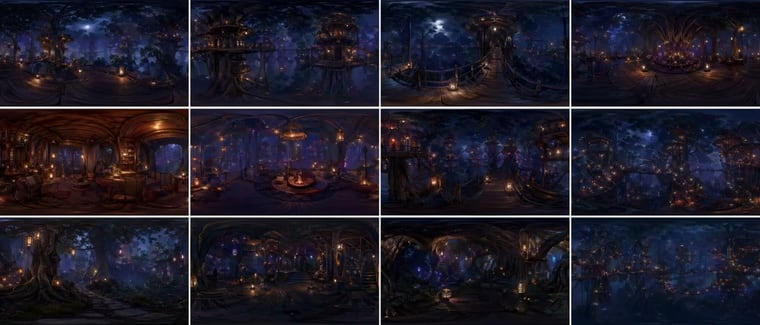 12-panel grid (4x3), each panel is an independent FULL equirectangular 360° panorama of the SAME continuous forest world each panel = complete spherical environment (360° horizontal, 180°...