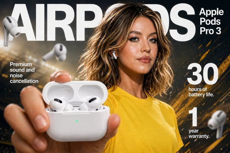 High-impact e-commerce infographic for "Apple Pods Pro 3" wireless earbuds. Foreground: An extreme close-up of a hand holding an open glossy white wireless earbud charging case toward the...