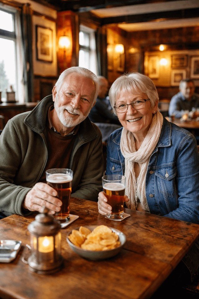 Using REFERENCE_0, transform the older couple so they are both looking directly at the camera and smiling. For the man on the left, add a full white beard, remove his glasses, and dress h...