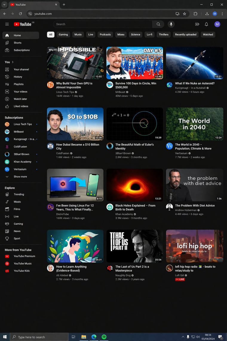 一个详细的桌面操作系统深色模式视频流媒体主页 UI 原型，适用于网页设计参考和布局生成。