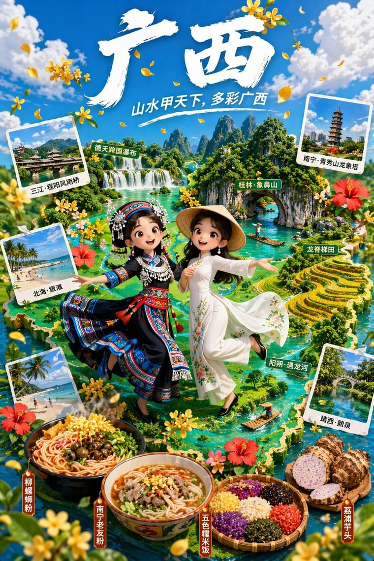 生成一张充满活力的 3D 动画宣传海报，展示当地地标、特色美食和文化服饰。
