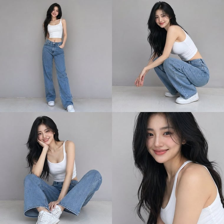 A structured JSON prompt for a 4-photo collage of a casual fashion photoshoot with detailed subject and lighting parameters.