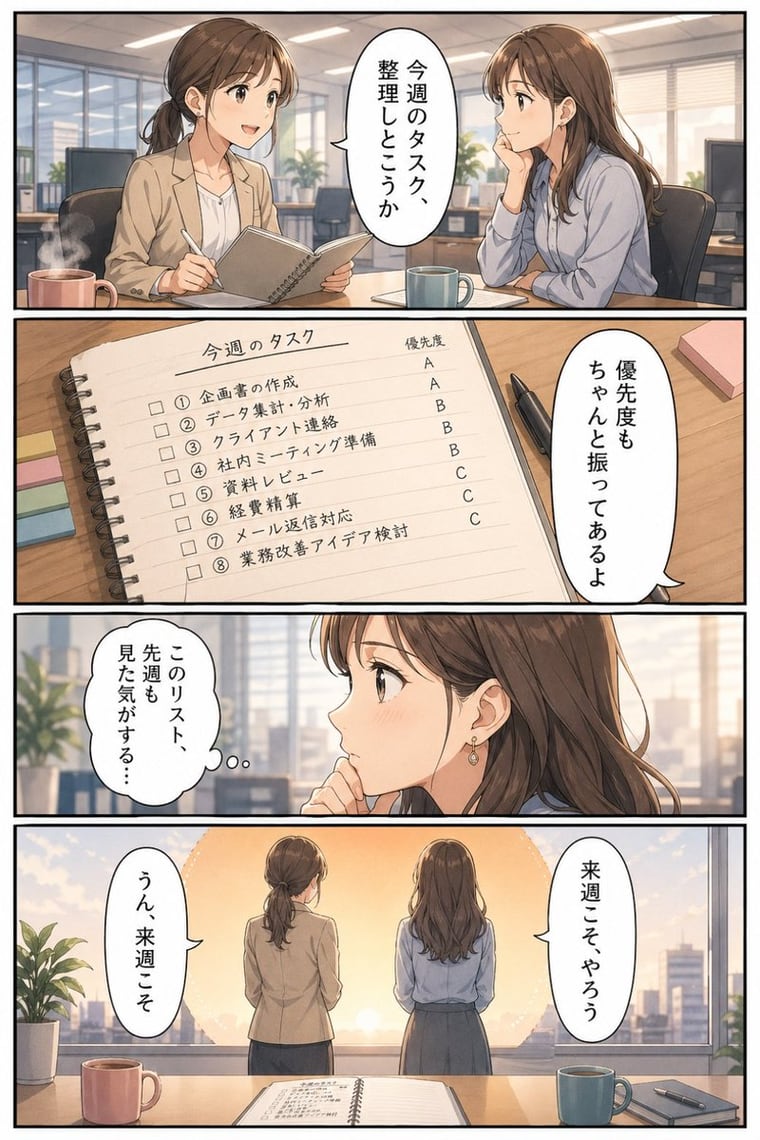 一页四格日式商务漫画，展示了两名职场女性讨论每周任务清单的场景，常用于幽默的职场生产力插画。