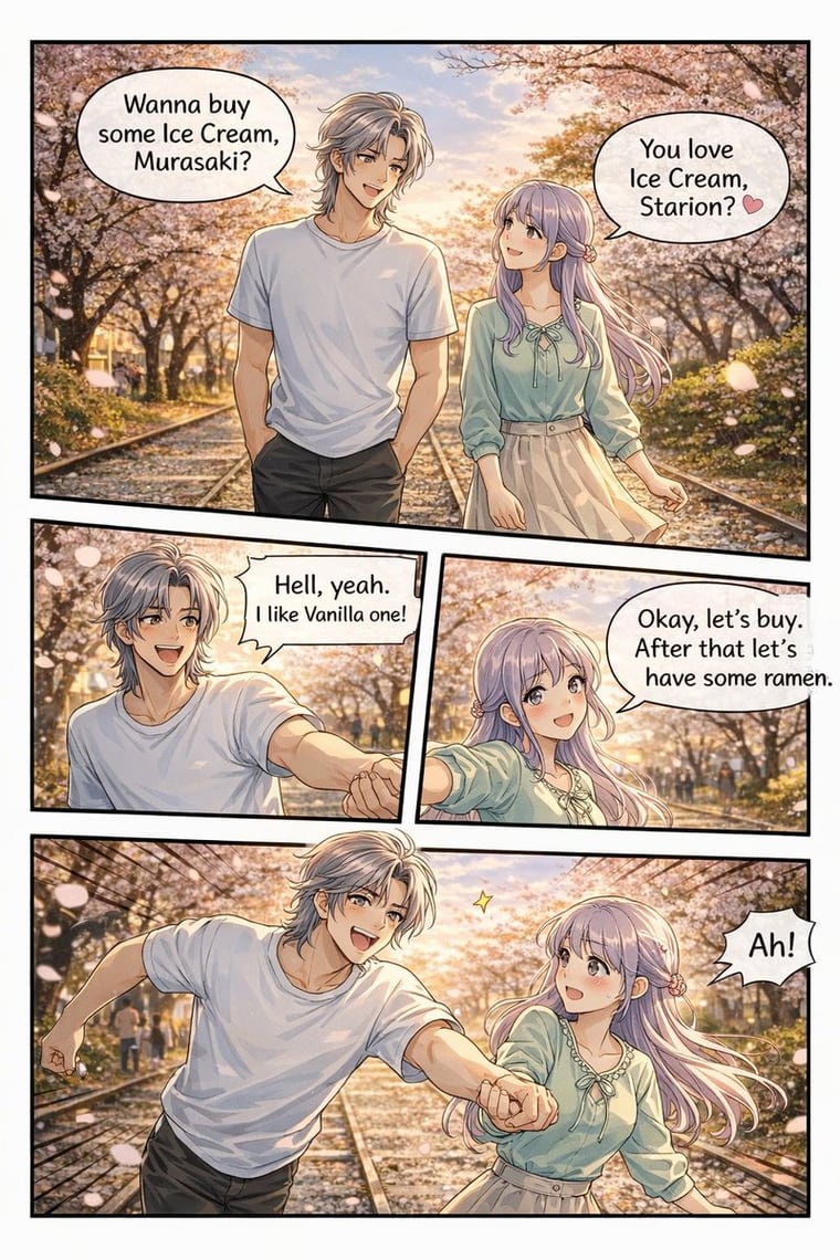 生成一套四格动漫风格的漫画，描绘一对情侣在风景优美的地方边走边聊，非常适合短篇叙事。