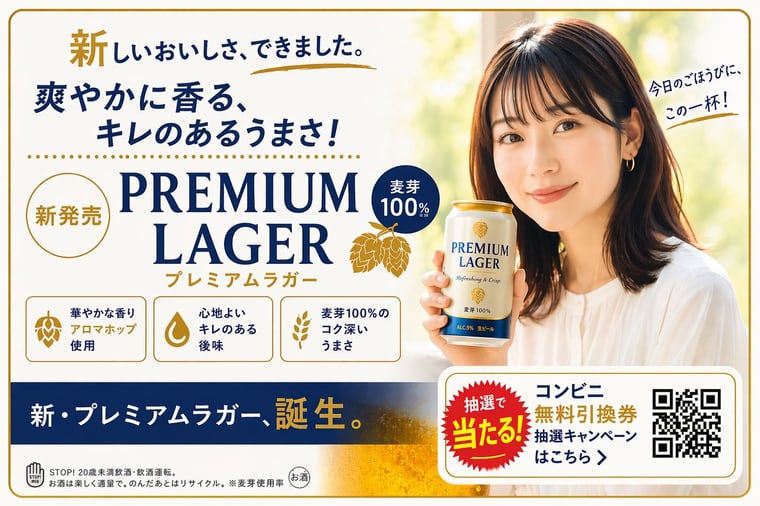 生成一张逼真的日式啤酒产品宣传横幅，包含模特、宣传标语、产品亮点及活动二维码。