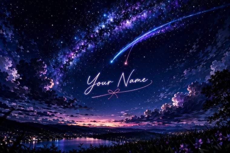 生成令人惊叹的动漫风格风景，包含星空、彗星以及发光的自定义文字。