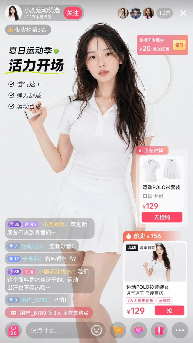 生成逼真的电商直播 UI，包含主播、商品卡片、实时聊天和促销浮层。