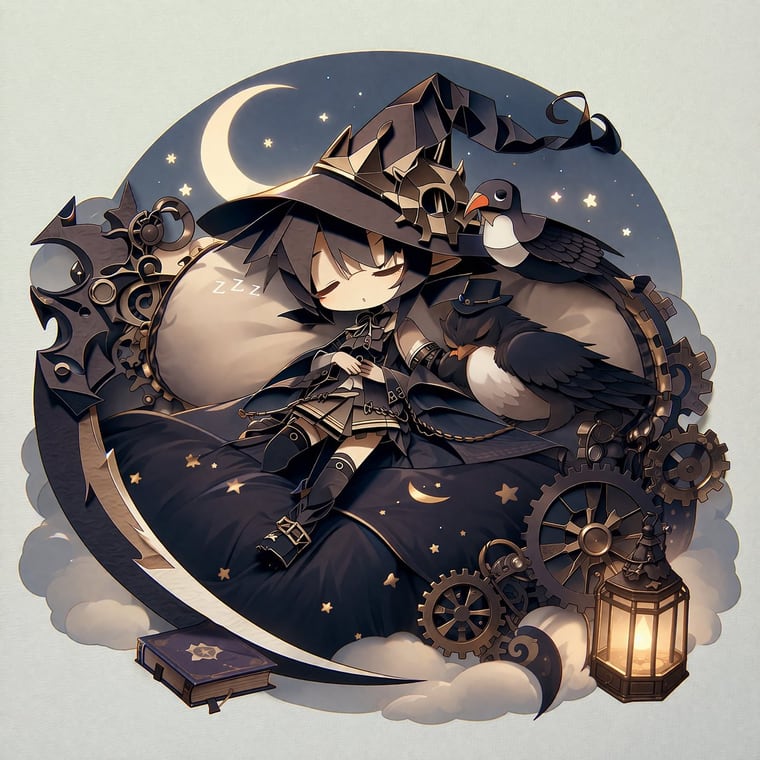 生成一张 2D 动漫风格的模切贴纸插画，描绘了带有蒸汽朋克元素和动物伙伴的 Q 版睡眠角色。